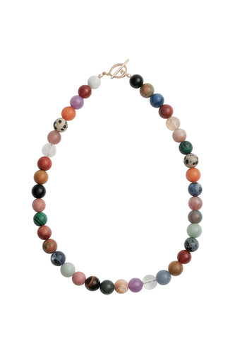 Multicolored beaded necklace on a white background
