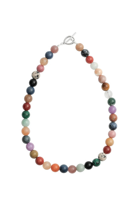 Multicolored beaded necklace with silver clasp on a white background